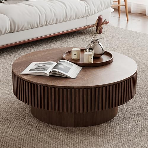 31.5" Round Drum Coffee Table with Storage, Handcraft Fluted Drum Coffee Table, Modern Wooden Circle Cocktail Tea Table Center Table with Sturdy Pedestal for Living Room Apartment (Walnut)