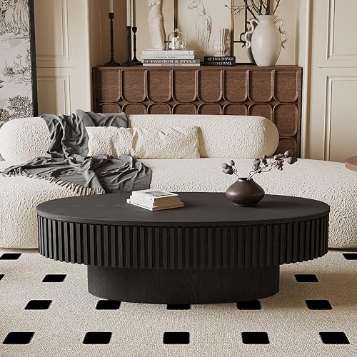 31.5" Round Drum Coffee Table with Storage, Handcraft Fluted Drum Coffee Table, Modern Wooden Circle Cocktail Tea Table Center Table with Sturdy Pedestal for Living Room Apartment (Walnut)