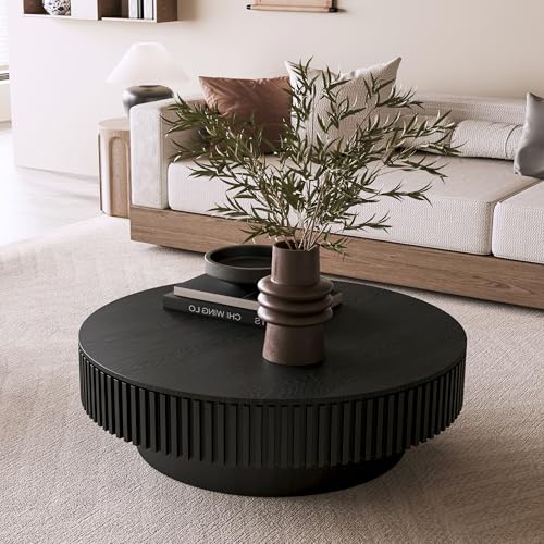31.5" Round Drum Coffee Table with Storage, Handcraft Fluted Drum Coffee Table, Modern Wooden Circle Cocktail Tea Table Center Table with Sturdy Pedestal for Living Room Apartment (Walnut)