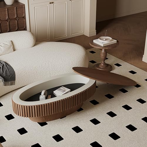 31.5" Round Drum Coffee Table with Storage, Handcraft Fluted Drum Coffee Table, Modern Wooden Circle Cocktail Tea Table Center Table with Sturdy Pedestal for Living Room Apartment (Walnut)