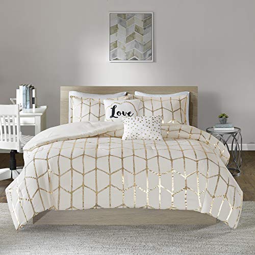 Intelligent Design, Soft Microfiber Comforter Modern Geometric Metallic Bed Set, Full/Queen, Grey/Silver
