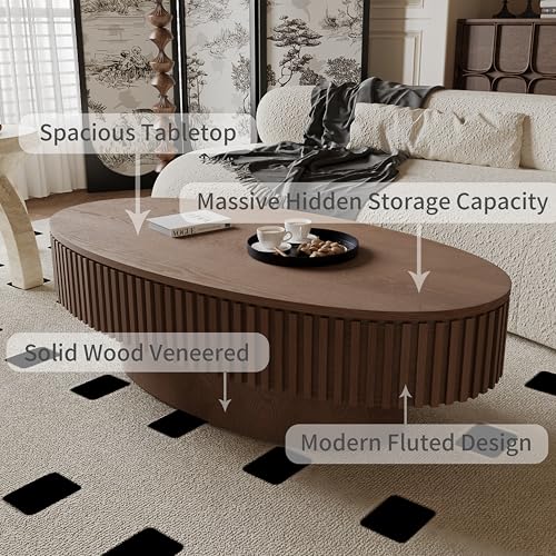 31.5" Round Drum Coffee Table with Storage, Handcraft Fluted Drum Coffee Table, Modern Wooden Circle Cocktail Tea Table Center Table with Sturdy Pedestal for Living Room Apartment (Walnut)