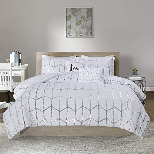 Intelligent Design, Soft Microfiber Comforter Modern Geometric Metallic Bed Set, Full/Queen, Grey/Silver