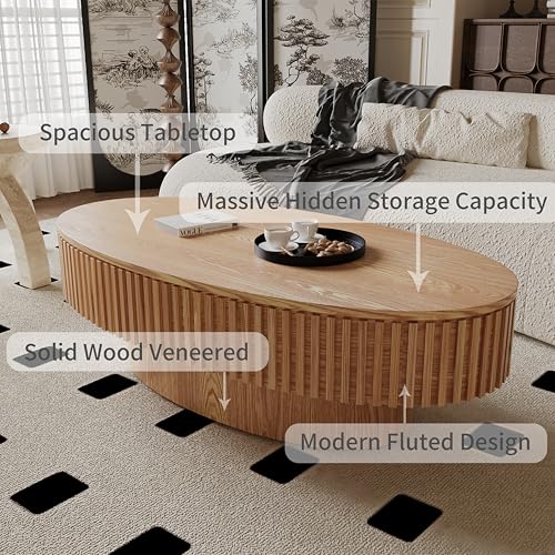 31.5" Round Drum Coffee Table with Storage, Handcraft Fluted Drum Coffee Table, Modern Wooden Circle Cocktail Tea Table Center Table with Sturdy Pedestal for Living Room Apartment (Walnut)
