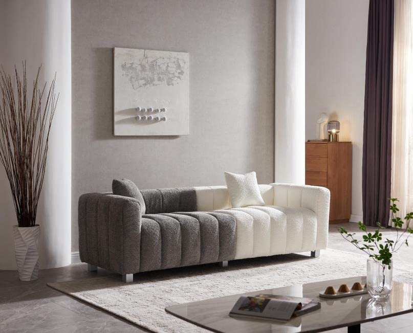 87.4" Modern 3 Seater Boucle Sofa Couch for Living Room, Mid Century Fluffy Couches with Solid Wood Frame and 6 Legs for Bedroom, Apartment, Weight Capacity 750 LBS (White)