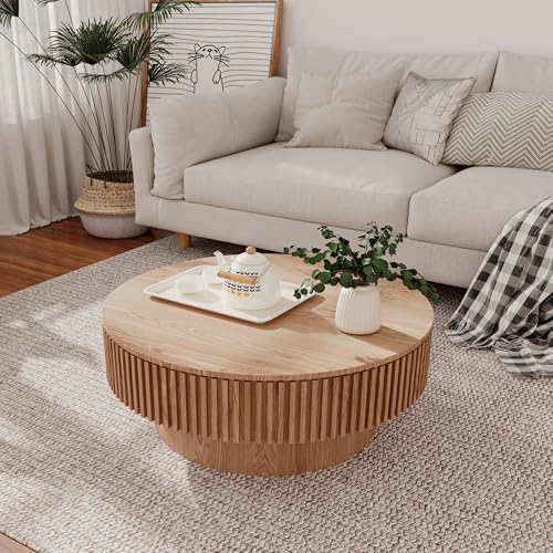 31.5" Round Drum Coffee Table with Storage, Handcraft Fluted Drum Coffee Table, Modern Wooden Circle Cocktail Tea Table Center Table with Sturdy Pedestal for Living Room Apartment (Walnut)