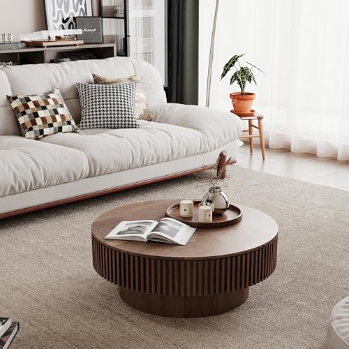 31.5" Round Drum Coffee Table with Storage, Handcraft Fluted Drum Coffee Table, Modern Wooden Circle Cocktail Tea Table Center Table with Sturdy Pedestal for Living Room Apartment (Walnut)