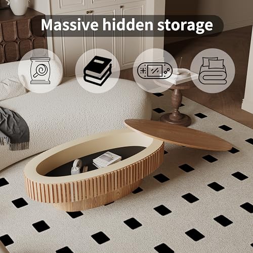 31.5" Round Drum Coffee Table with Storage, Handcraft Fluted Drum Coffee Table, Modern Wooden Circle Cocktail Tea Table Center Table with Sturdy Pedestal for Living Room Apartment (Walnut)