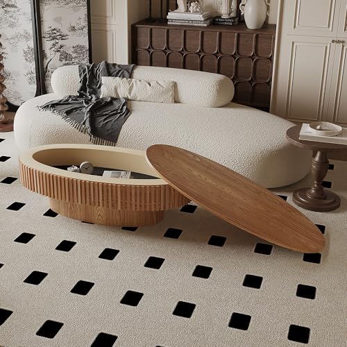 31.5" Round Drum Coffee Table with Storage, Handcraft Fluted Drum Coffee Table, Modern Wooden Circle Cocktail Tea Table Center Table with Sturdy Pedestal for Living Room Apartment (Walnut)