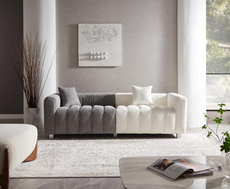 87.4" Modern 3 Seater Boucle Sofa Couch for Living Room, Mid Century Fluffy Couches with Solid Wood Frame and 6 Legs for Bedroom, Apartment, Weight Capacity 750 LBS (White)