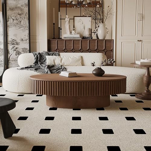 31.5" Round Drum Coffee Table with Storage, Handcraft Fluted Drum Coffee Table, Modern Wooden Circle Cocktail Tea Table Center Table with Sturdy Pedestal for Living Room Apartment (Walnut)