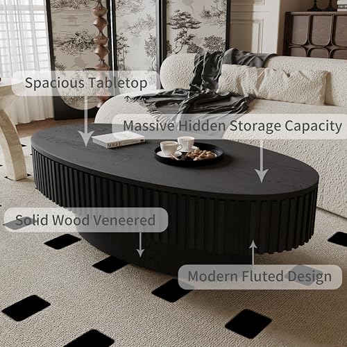 31.5" Round Drum Coffee Table with Storage, Handcraft Fluted Drum Coffee Table, Modern Wooden Circle Cocktail Tea Table Center Table with Sturdy Pedestal for Living Room Apartment (Walnut)