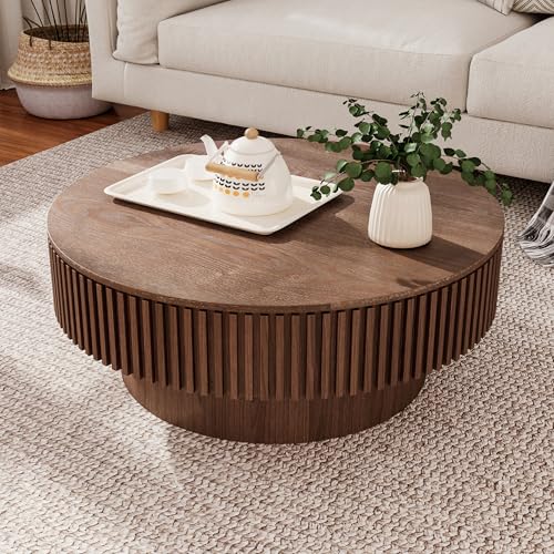 31.5" Round Drum Coffee Table with Storage, Handcraft Fluted Drum Coffee Table, Modern Wooden Circle Cocktail Tea Table Center Table with Sturdy Pedestal for Living Room Apartment (Walnut)