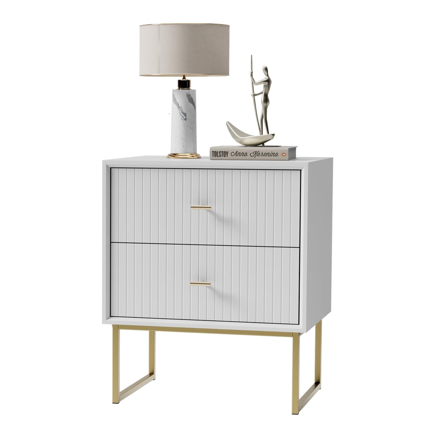 UEV Navy Blue Nightstand Set of 2,Modern Grooved Stripes Bed Side Table with 2 Drawers,Wood End Table with Golden Metal Handles and Pedestal Frame for Bedroom Living Room