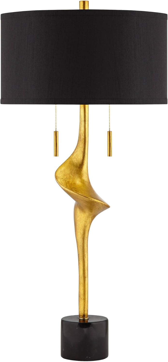 Possini Euro Design Athena Mid Century Modern Buffet Table Lamp 35 1/2" Tall Skinny Sculptural Gold Leaf Metal Abstract Black Drum Shade Decor Bedroom Living Nightstand Bedside Office Kids Room