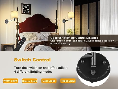 Plug in Wall Sconces with Remote Control, Dimming 10%-100% & Adjustable Colors 2700K-6500K, Hardwire or Plug-in, Swing Arm Wall Lamp with Linen Fabric Shade, Wall Sconces Set of Two, Black Finish