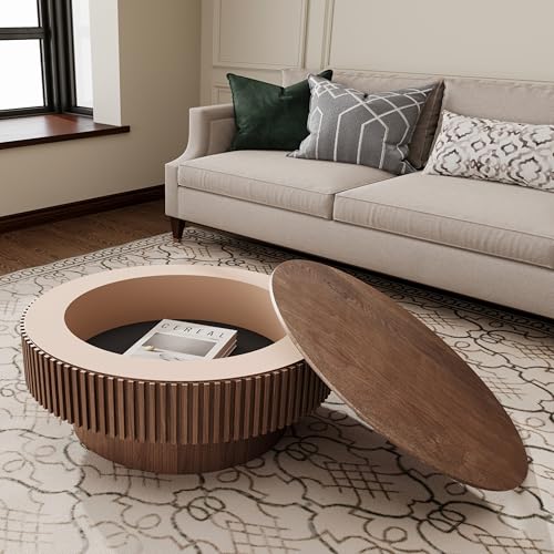 31.5" Round Drum Coffee Table with Storage, Handcraft Fluted Drum Coffee Table, Modern Wooden Circle Cocktail Tea Table Center Table with Sturdy Pedestal for Living Room Apartment (Walnut)