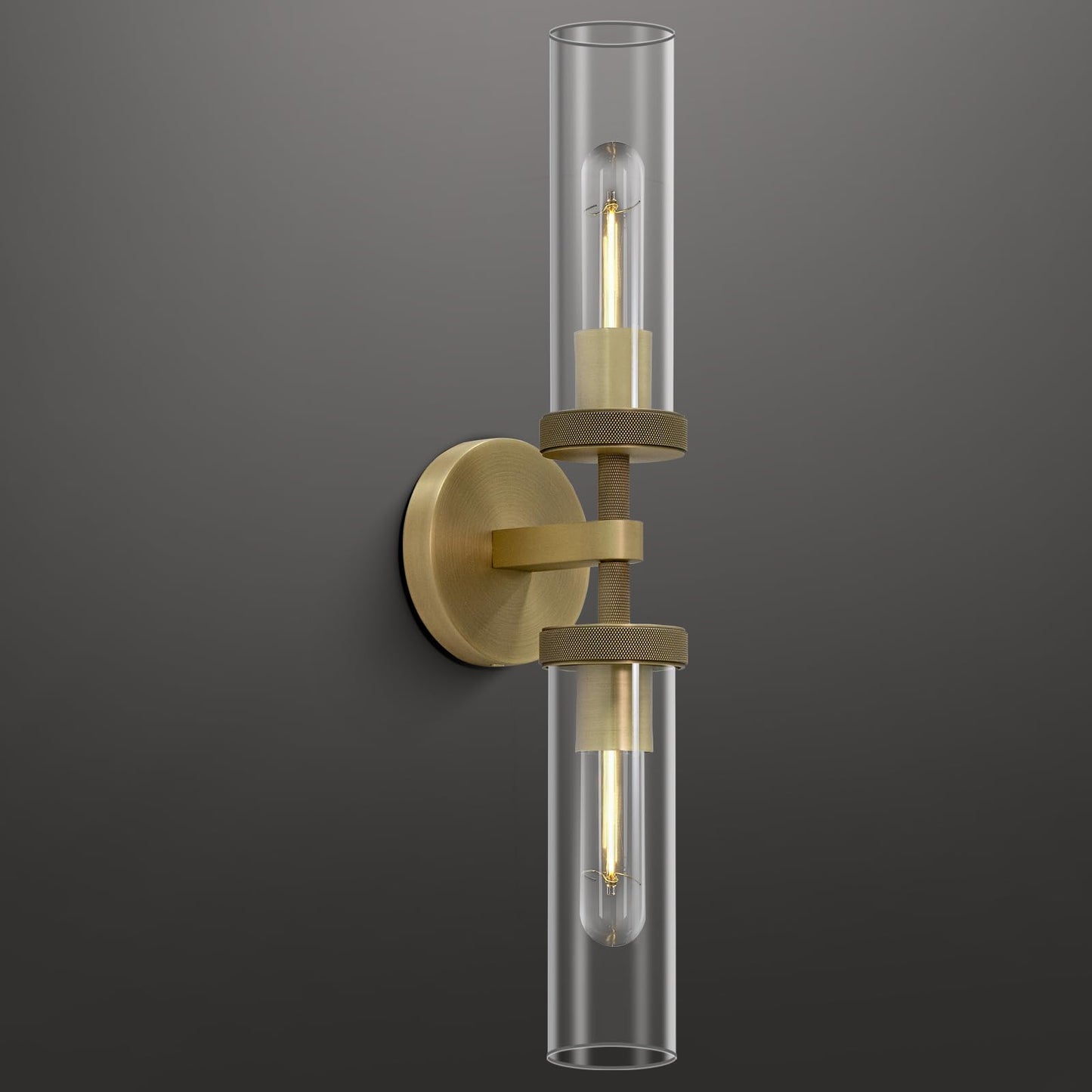 Brass Wall Sconces Set of Two, 19" Knurled Gold Sconces Wall Lighting, Tube Glass Bathroom Sconces Wall Lights for Bedroom Living Room Vanity Sconce Wall Lamp for Hallway, Staircase