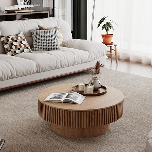 31.5" Round Drum Coffee Table with Storage, Handcraft Fluted Drum Coffee Table, Modern Wooden Circle Cocktail Tea Table Center Table with Sturdy Pedestal for Living Room Apartment (Walnut)