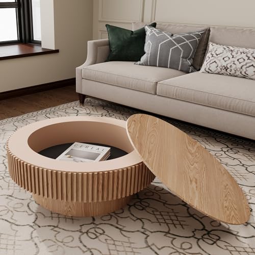 31.5" Round Drum Coffee Table with Storage, Handcraft Fluted Drum Coffee Table, Modern Wooden Circle Cocktail Tea Table Center Table with Sturdy Pedestal for Living Room Apartment (Walnut)