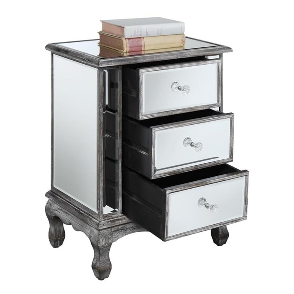 Convenience Concepts Gold Coast Vineyard Mirrored End Table 19" - Living Room Table with 3 Drawers for Storage, Nightstand Side Table, Weathered White/Mirror