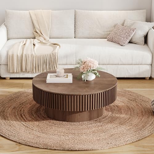 31.5" Round Drum Coffee Table with Storage, Handcraft Fluted Drum Coffee Table, Modern Wooden Circle Cocktail Tea Table Center Table with Sturdy Pedestal for Living Room Apartment (Walnut)
