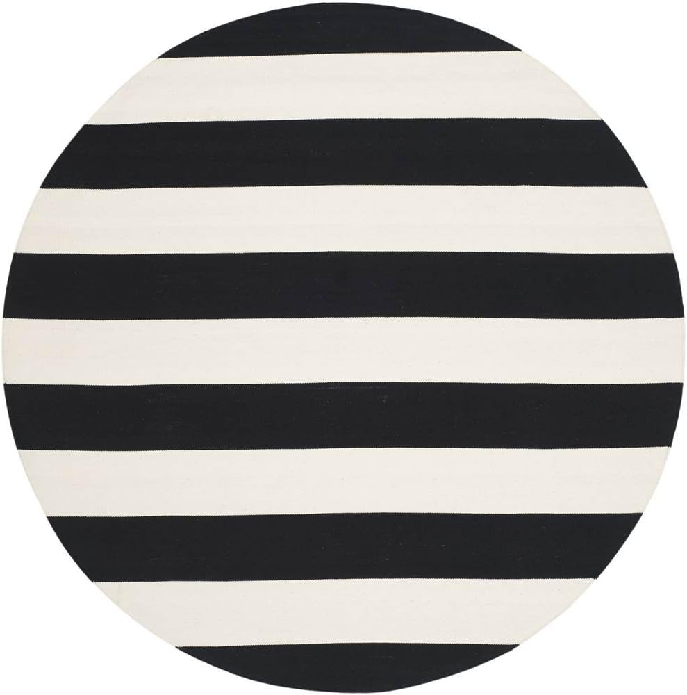 SAFAVIEH Montauk Collection Area Rug - 4' Round, Black & Ivory, Handmade Flatweave Cotton, Woven Texture, Farmhouse Stripe Pattern, Ideal for Living Room, Foyer, Bedroom, Dining Space (MTK712D)