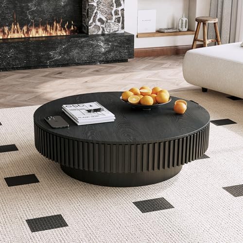31.5" Round Drum Coffee Table with Storage, Handcraft Fluted Drum Coffee Table, Modern Wooden Circle Cocktail Tea Table Center Table with Sturdy Pedestal for Living Room Apartment (Walnut)