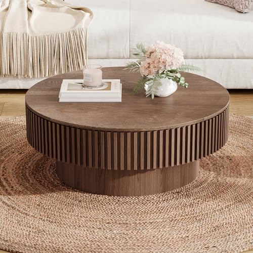 31.5" Round Drum Coffee Table with Storage, Handcraft Fluted Drum Coffee Table, Modern Wooden Circle Cocktail Tea Table Center Table with Sturdy Pedestal for Living Room Apartment (Walnut)