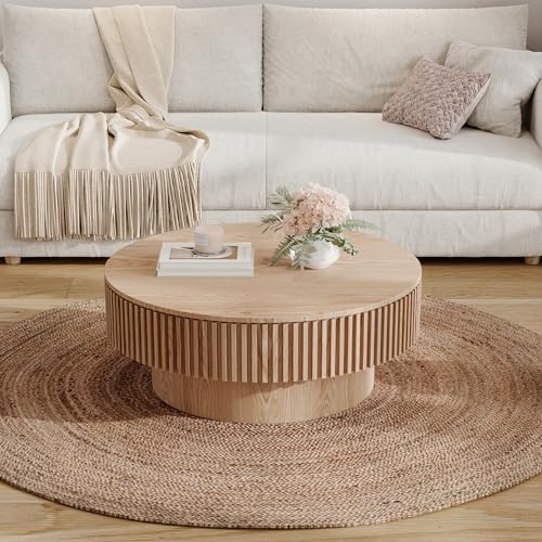 31.5" Round Drum Coffee Table with Storage, Handcraft Fluted Drum Coffee Table, Modern Wooden Circle Cocktail Tea Table Center Table with Sturdy Pedestal for Living Room Apartment (Walnut)