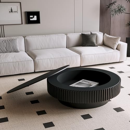 31.5" Round Drum Coffee Table with Storage, Handcraft Fluted Drum Coffee Table, Modern Wooden Circle Cocktail Tea Table Center Table with Sturdy Pedestal for Living Room Apartment (Walnut)