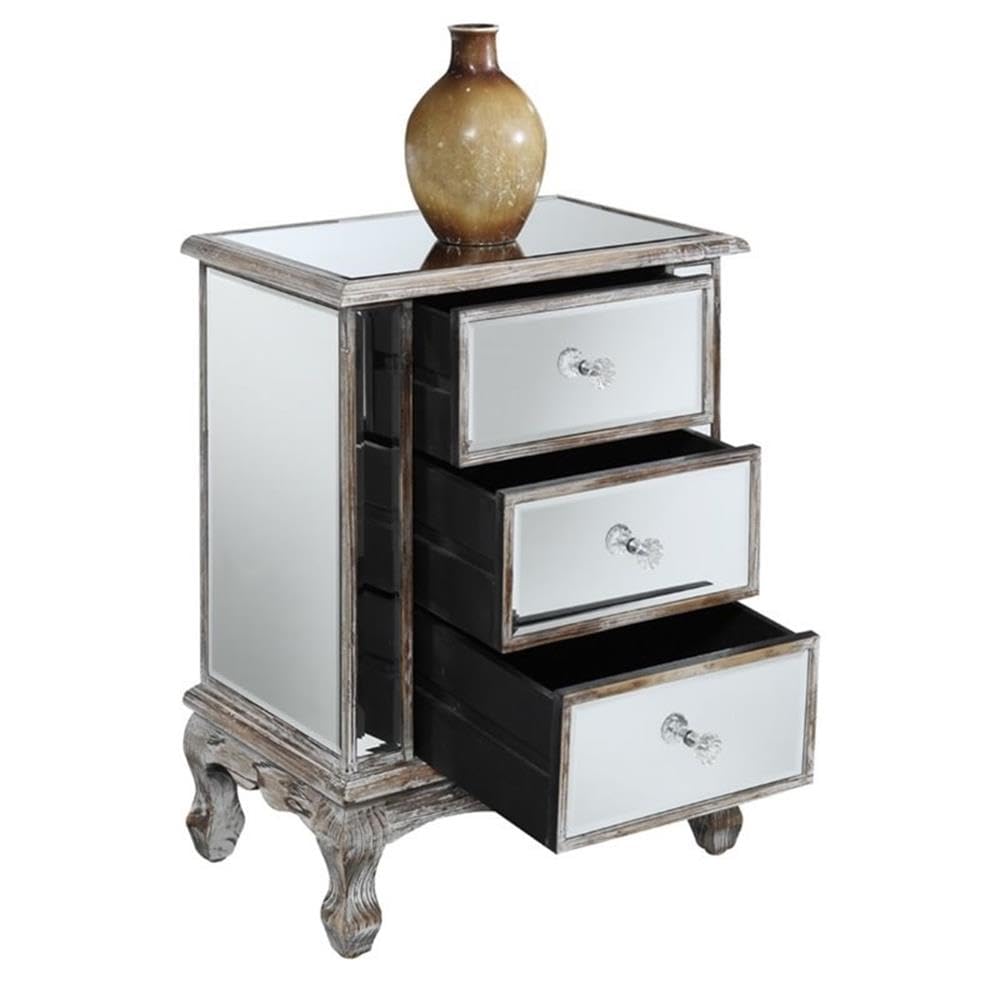 Convenience Concepts Gold Coast Vineyard Mirrored End Table 19" - Living Room Table with 3 Drawers for Storage, Nightstand Side Table, Weathered White/Mirror