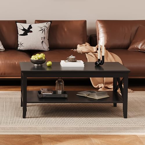 ChooChoo White Coffee Table Classic X Design for Living Room, Rectangular Modern Cocktail Table with Storage Shelf, 39 Inch