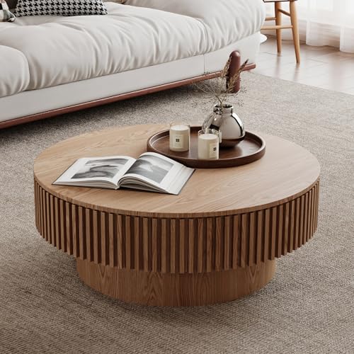 31.5" Round Drum Coffee Table with Storage, Handcraft Fluted Drum Coffee Table, Modern Wooden Circle Cocktail Tea Table Center Table with Sturdy Pedestal for Living Room Apartment (Walnut)