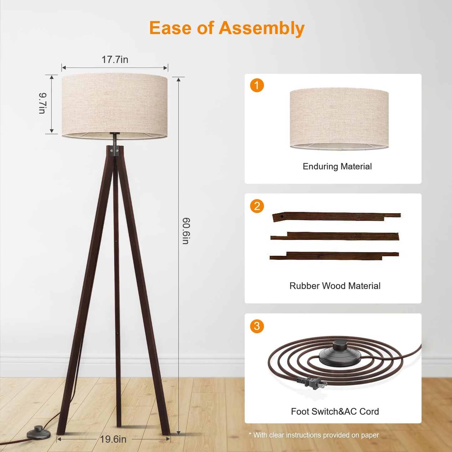 LEPOWER Wood Tripod Floor Lamp, Mid Century Standing Lamp, Modern Design Studying Light for Living Room, Bedroom, Study Room and Office, Flaxen Linen Shade with E26 Base Brown