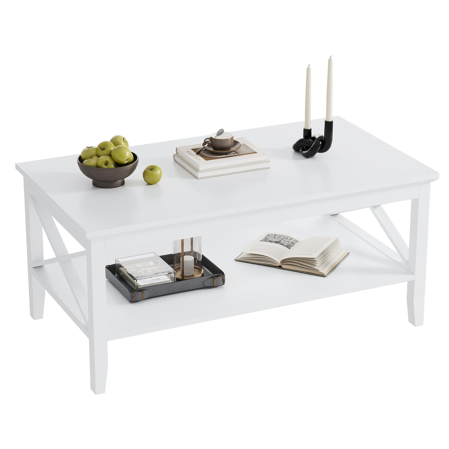 ChooChoo White Coffee Table Classic X Design for Living Room, Rectangular Modern Cocktail Table with Storage Shelf, 39 Inch