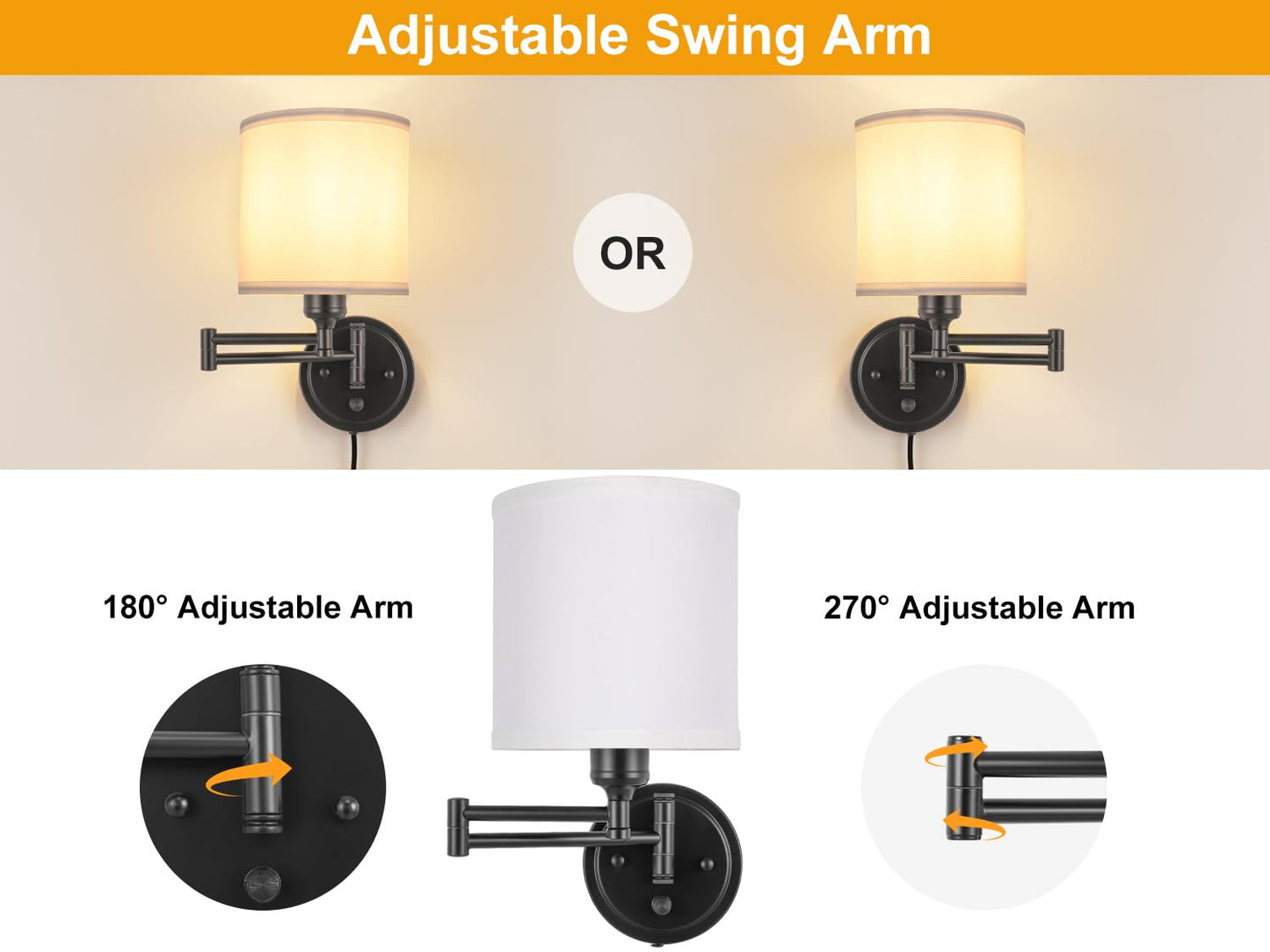 Plug in Wall Sconces with Remote Control, Dimming 10%-100% & Adjustable Colors 2700K-6500K, Hardwire or Plug-in, Swing Arm Wall Lamp with Linen Fabric Shade, Wall Sconces Set of Two, Black Finish