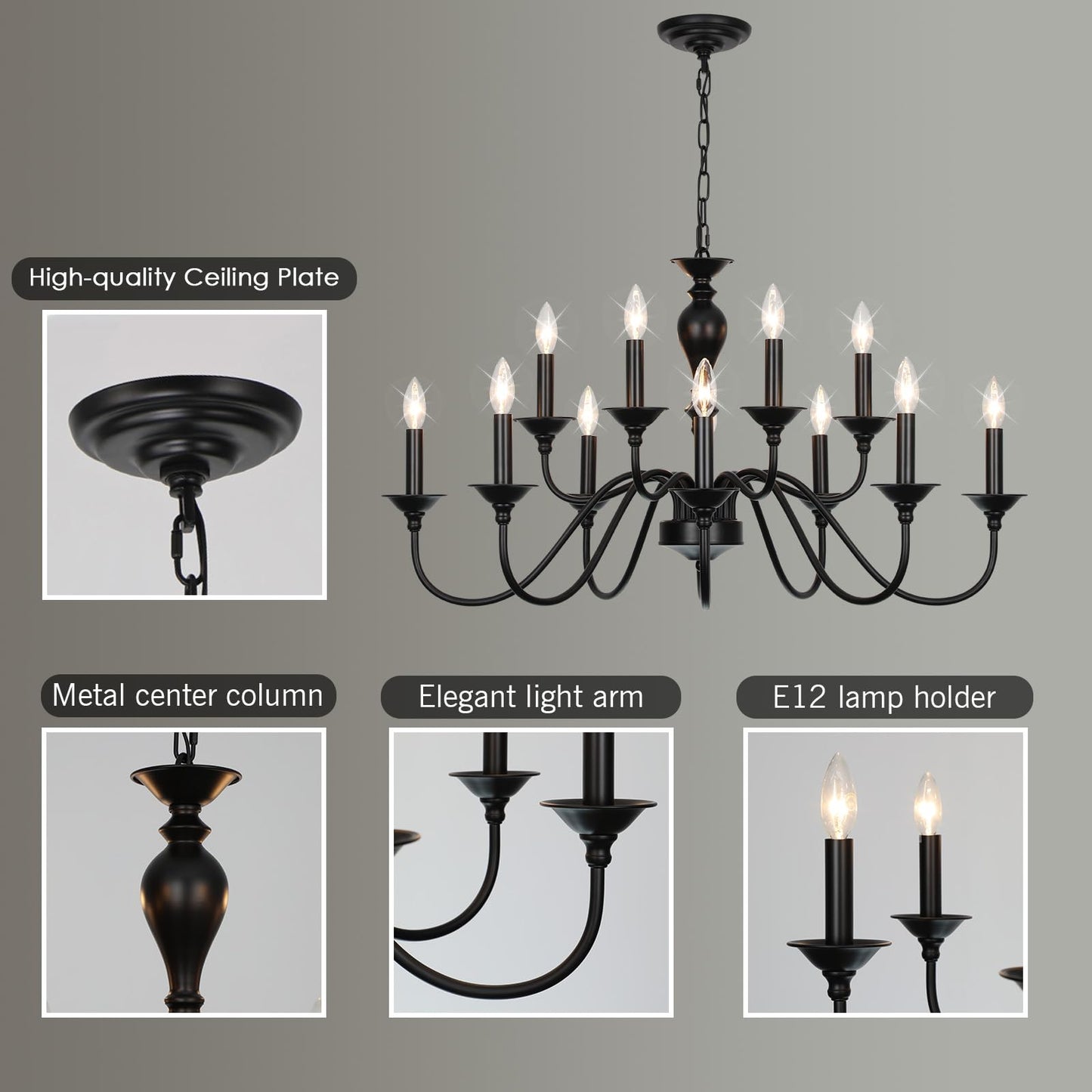 15 Light Black Farmhouse Chandeliers for Dining Room Light Fixtures Over Table, Vintage Candle Large Chandelier for Living Room Foyer Staircase Restaurant Showroom Villa
