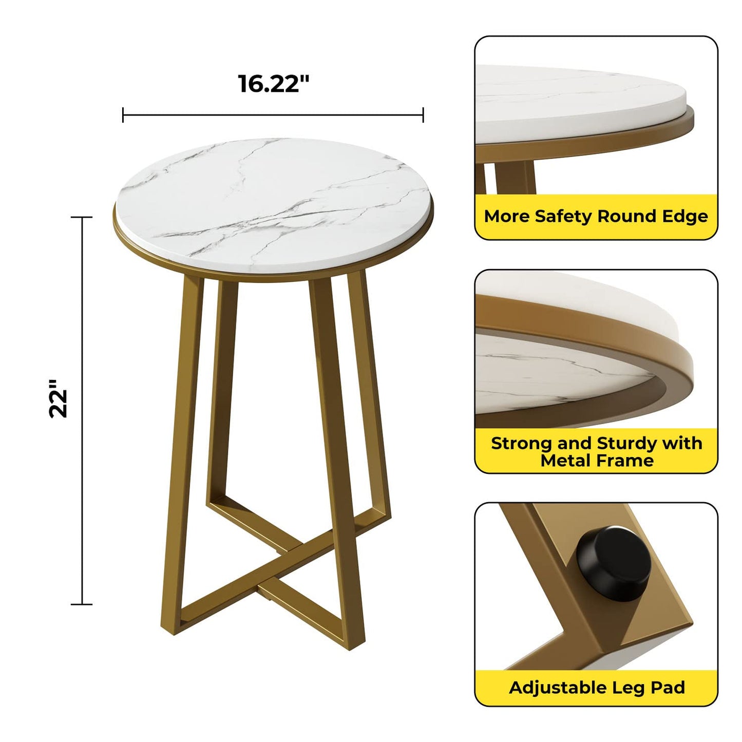 Round End Tables, Small Side Table White Marble Texture MDF Top,Metal Frame Gold Color, Tall End Table for Bed Room,Coffee Tea End Table for Living Room (White Marble+Gold)