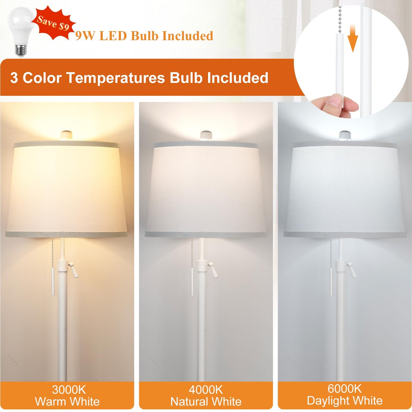 Floor Lamp for Living Room,Adjustable Height Standing Lamp,Dimmable Modern Floor Lamps for Bedroom Office Tall Floor Lights with Pull Chain Bulb Included-Silver Gray Shade
