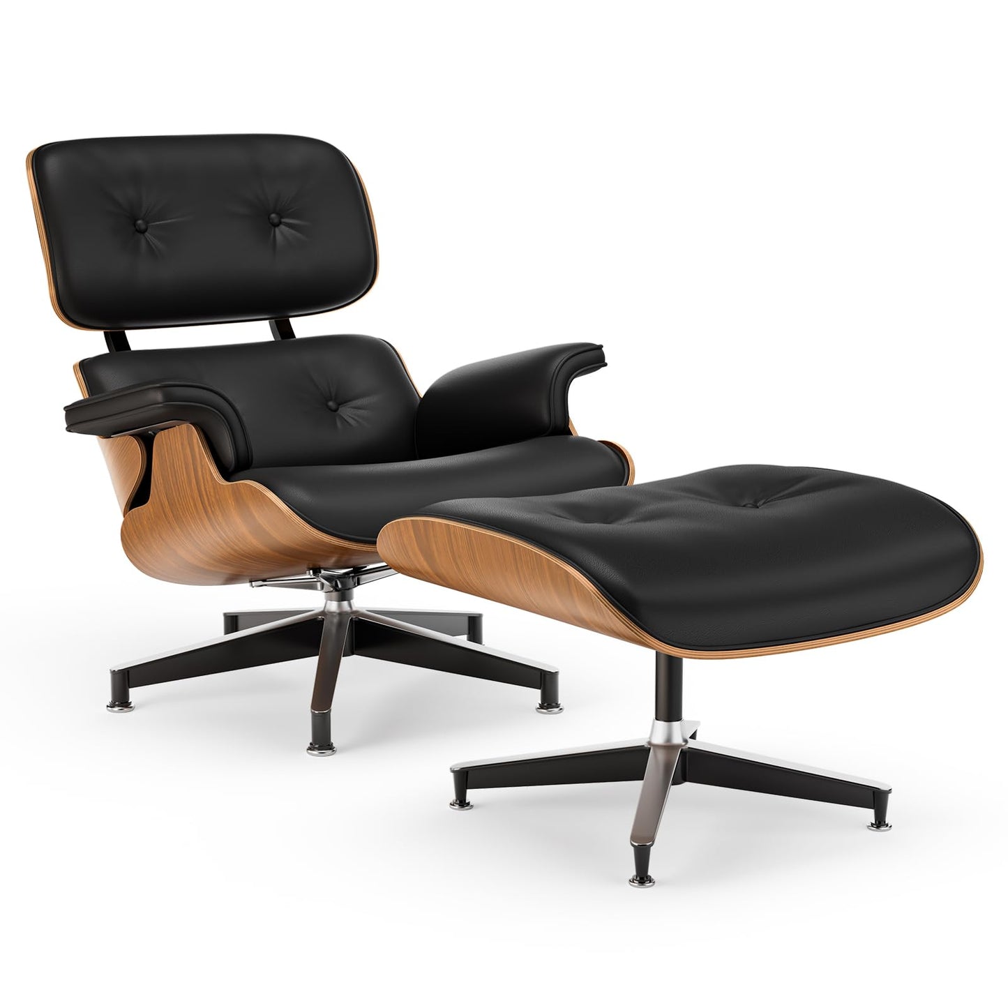Top Black Grain Leather, Mid Century Chaise Lounge Chair and Ottoman, Modern Chair Classic Design, Walnut Wood, Heavy Duty Base Support for Living Room Office