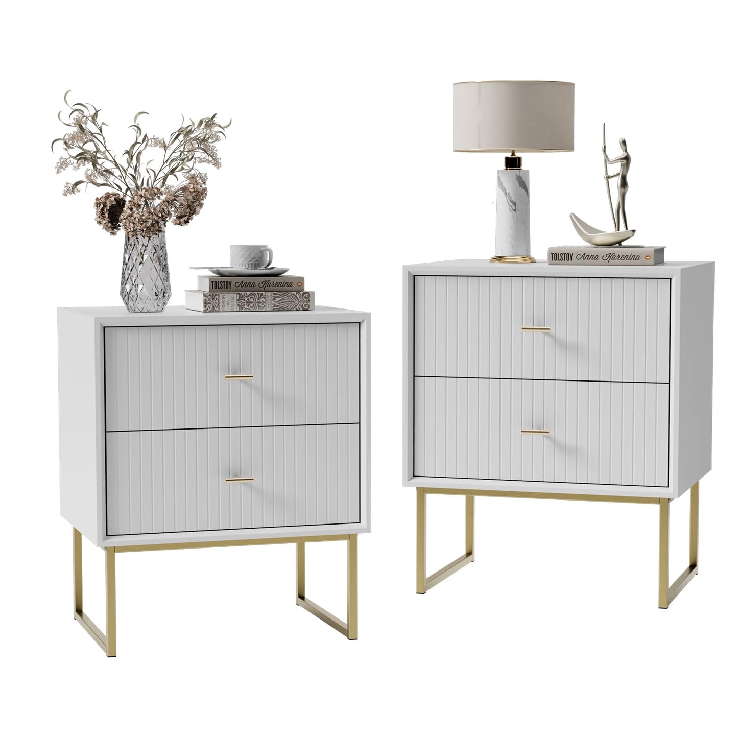 UEV Navy Blue Nightstand Set of 2,Modern Grooved Stripes Bed Side Table with 2 Drawers,Wood End Table with Golden Metal Handles and Pedestal Frame for Bedroom Living Room