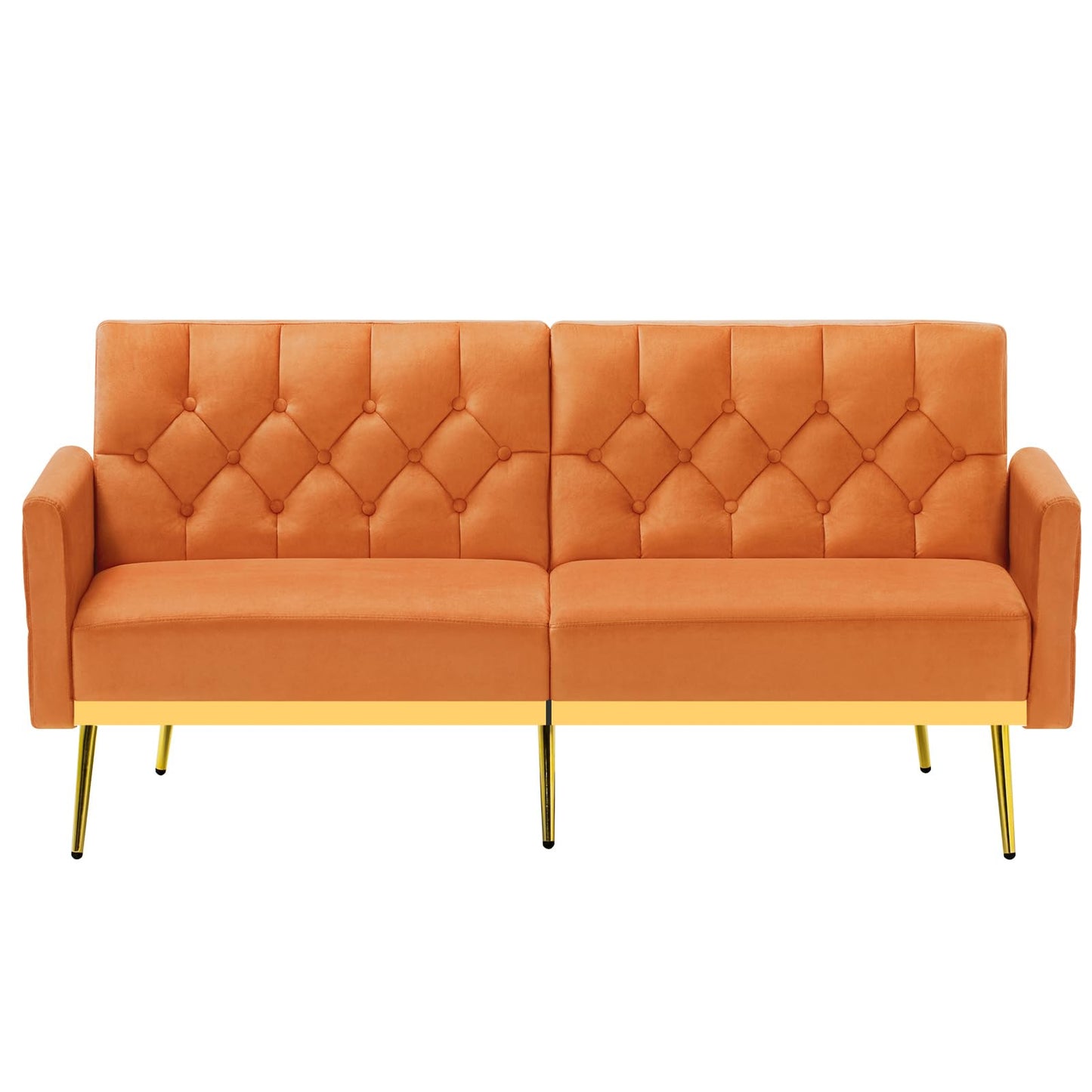 Velvet Sofa Bed w/Adjustable Armrests and Backrests, Modern Convertible Sleeper Sofa, Tufted Futon Sofa for Bedroom, Living Room, Apartment, Orange