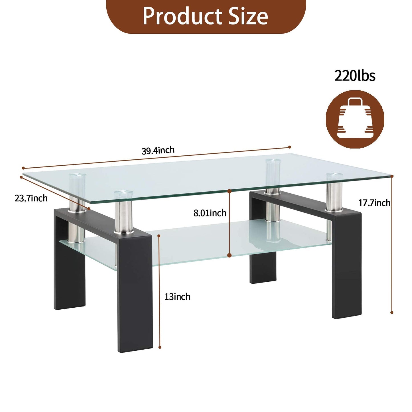 Meihua Tempered Glass Coffee Table for Living Room, Clear Center Table with 0.47 inch Tempered Glass, Transparent Modern Coffee Table