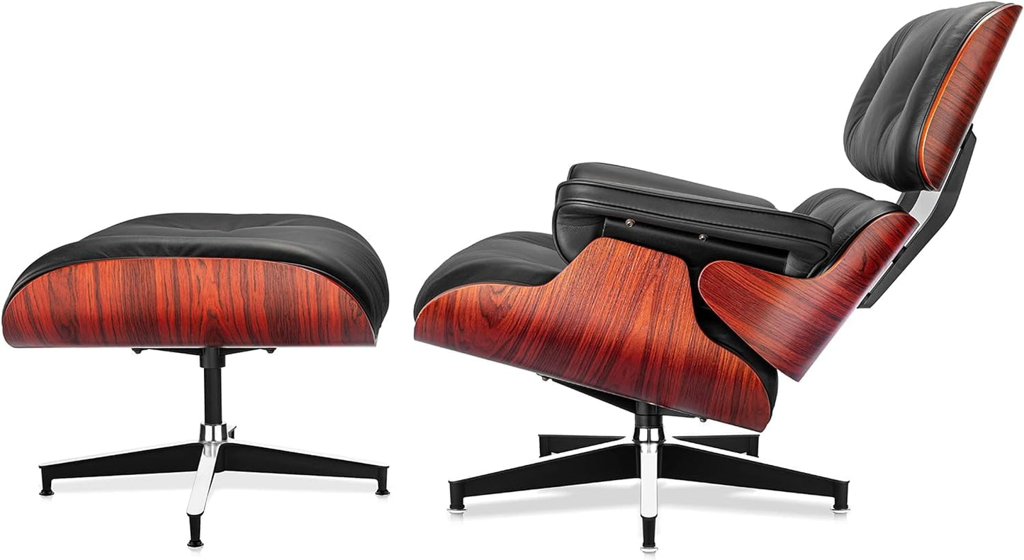 Top Black Grain Leather, Mid Century Chaise Lounge Chair and Ottoman, Modern Chair Classic Design, Walnut Wood, Heavy Duty Base Support for Living Room Office