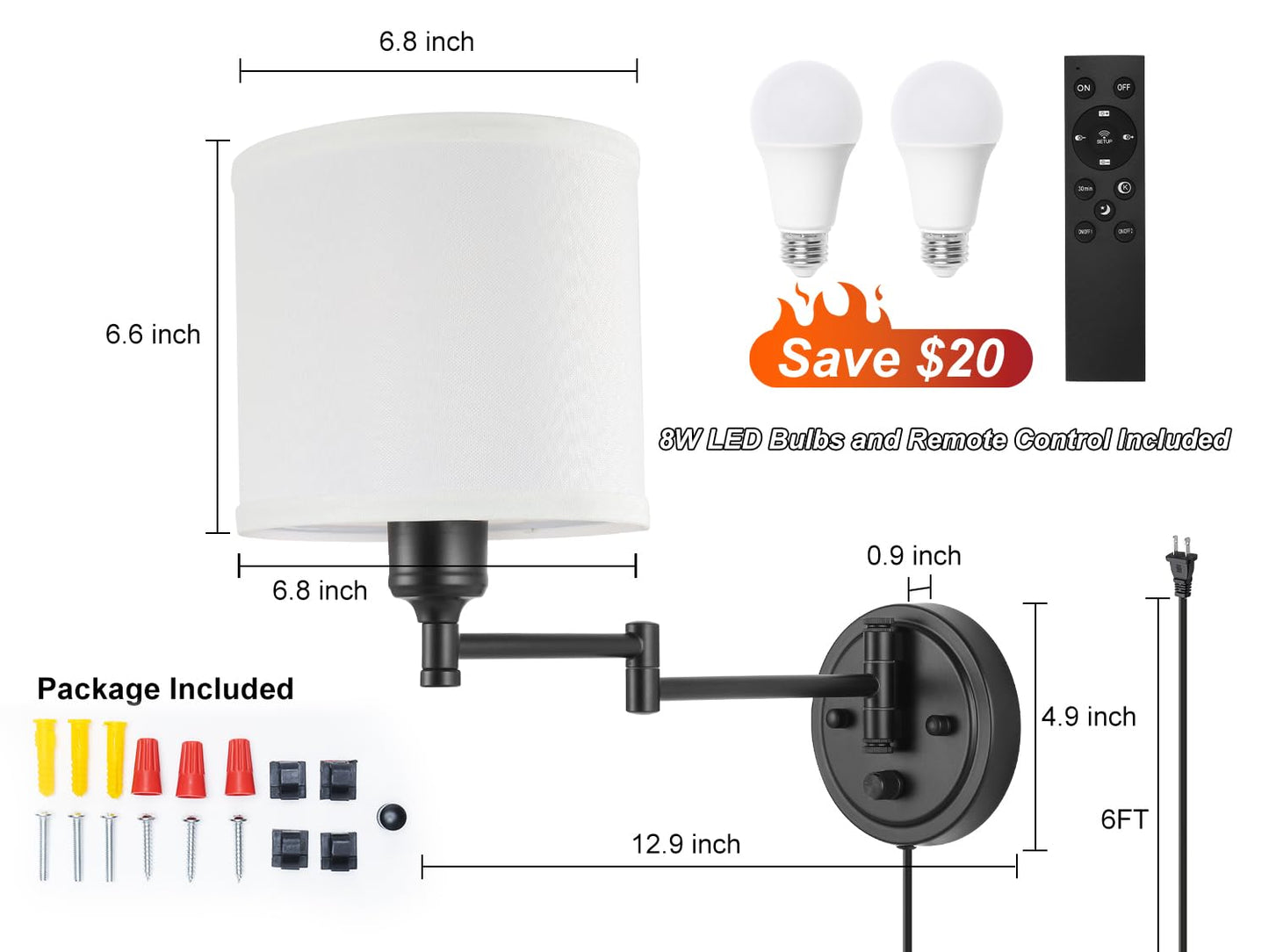 Plug in Wall Sconces with Remote Control, Dimming 10%-100% & Adjustable Colors 2700K-6500K, Hardwire or Plug-in, Swing Arm Wall Lamp with Linen Fabric Shade, Wall Sconces Set of Two, Black Finish