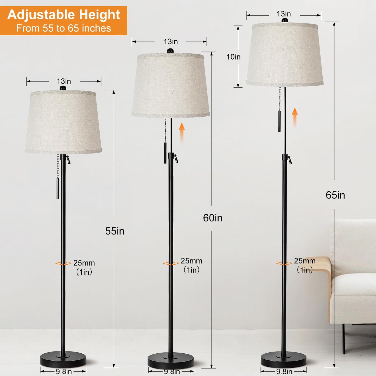 Floor Lamp for Living Room,Adjustable Height Standing Lamp,Dimmable Modern Floor Lamps for Bedroom Office Tall Floor Lights with Pull Chain Bulb Included-Silver Gray Shade