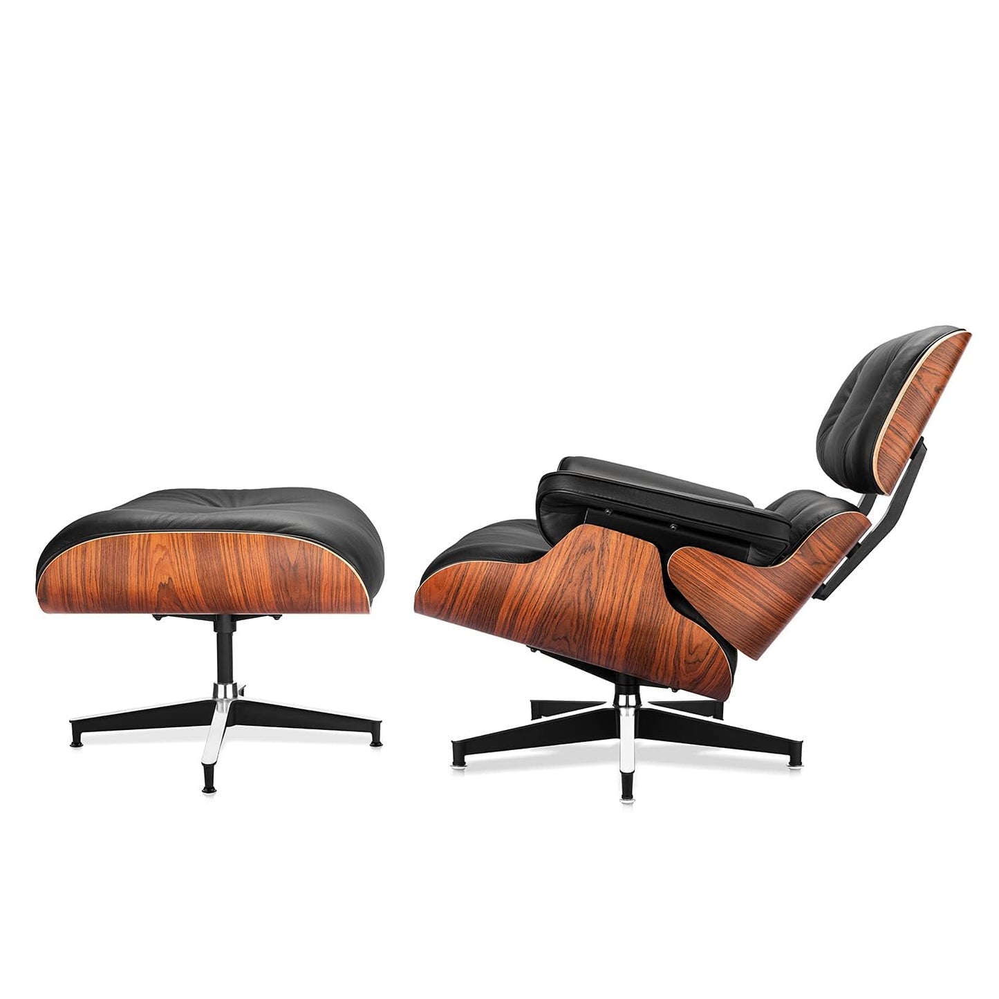 Top Black Grain Leather, Mid Century Chaise Lounge Chair and Ottoman, Modern Chair Classic Design, Walnut Wood, Heavy Duty Base Support for Living Room Office