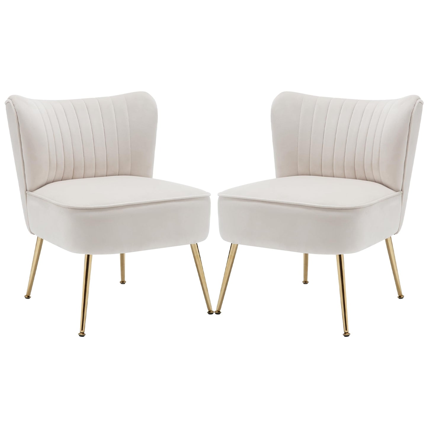 ABET Accent Chairs Set of 2, Velvet Armless Living Room Chairs with Tufted Wingback Thicken Cushion Gold Metal Legs, Comfy Upholstered Side Chairs Slipper Chairs Club Chairs for Bedroom, Beige