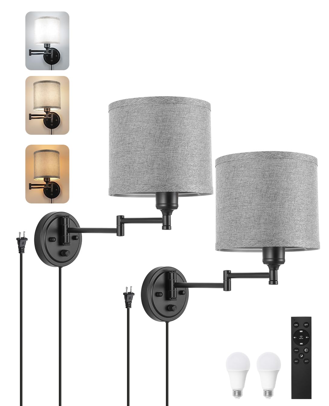 Plug in Wall Sconces with Remote Control, Dimming 10%-100% & Adjustable Colors 2700K-6500K, Hardwire or Plug-in, Swing Arm Wall Lamp with Linen Fabric Shade, Wall Sconces Set of Two, Black Finish